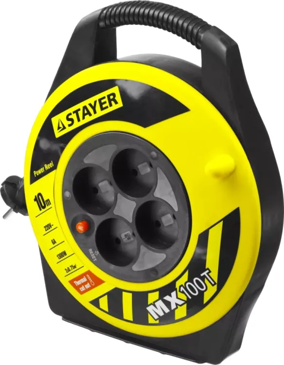 Удлинитель на катушке "MX100T", 10 м, 4 гнезда, ПВС 2x0,75 кв мм, 1300 Вт, STAYER 55071-10 купить в Челябинске