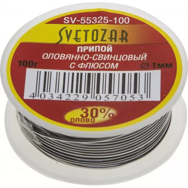 Припой СВЕТОЗАР оловянно-свинцовый, 30% Sn / 70% Pb, 100гр SV-55325-100 купить в Челябинске