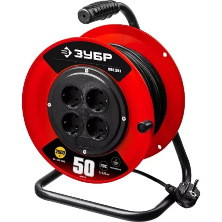 Удлинитель на катушке &quot;ПВС 307&quot;, 50 м, 2500 Вт, 4 гнезда, ПВС 3х0,75 кв мм, ЗУБР 55083-50 купить в Челябинске