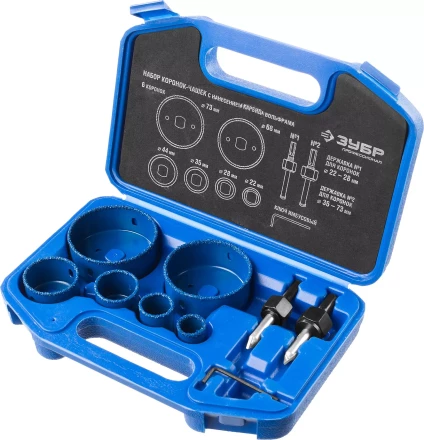 Набор коронок-чашек ЗУБР &quot;ПРОФЕССИОНАЛ&quot; c карбид-вольфрамовым нанесением, 6 коронок-чашек O 22, 28, 35, 44, 68, 73 мм, 2 державки со сверлами, ключ 33360-H6_z01 купить в Челябинске