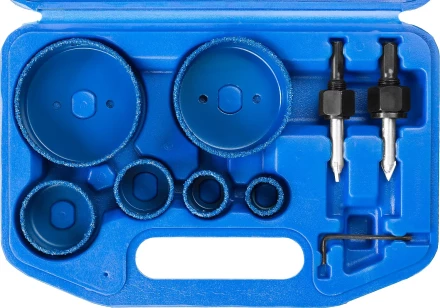 Набор коронок-чашек ЗУБР &quot;ПРОФЕССИОНАЛ&quot; c карбид-вольфрамовым нанесением, 6 коронок-чашек O 22, 28, 35, 44, 68, 73 мм, 2 державки со сверлами, ключ 33360-H6_z01 купить в Челябинске