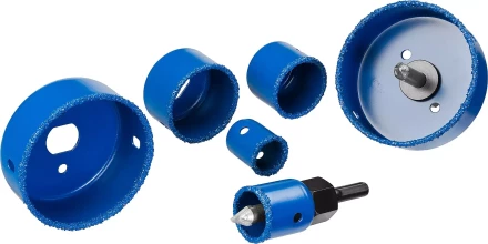 Набор коронок-чашек ЗУБР &quot;ПРОФЕССИОНАЛ&quot; c карбид-вольфрамовым нанесением, 6 коронок-чашек O 22, 28, 35, 44, 68, 73 мм, 2 державки со сверлами, ключ 33360-H6_z01 купить в Челябинске