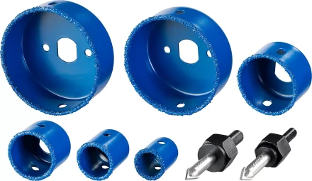 Набор коронок-чашек ЗУБР &quot;ПРОФЕССИОНАЛ&quot; c карбид-вольфрамовым нанесением, 6 коронок-чашек O 22, 28, 35, 44, 68, 73 мм, 2 державки со сверлами, ключ 33360-H6_z01 купить в Челябинске